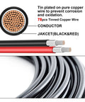 Heavy Duty 3 Foot 10AWG Solar Extension Cable with Male and Female Connectors; close-up of copper conductor and red-black jacket