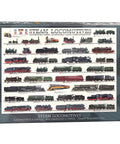 Puzzle box displaying multiple steam locomotives; Steam Locomotives 100 Piece Puzzle On USA Made Blue Board Non Toxic And Recyclable Vegetable Inks FSC Certified Family Fun For Train Fans Box Size Ten By Fourteen Inches Great For Gatherings