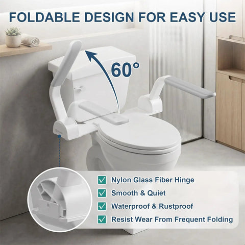 Adjustable Toilet Safety Rail With Rock Solid No Slip Handles Hassle Free Bathroom Assist Bar For Elderly showing foldable design and nylon hinge.