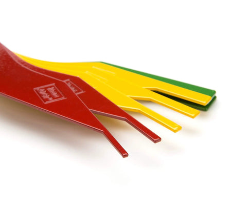 No Brainer 8 Piece Brake Lining Thickness Gauge Set With Color Coded Steel Blades displaying red, yellow, green gauges for measuring brake pads.