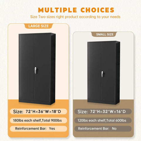 Comparison of 72 inch locking steel storage cabinets in large and small sizes with adjustable shelves and two doors