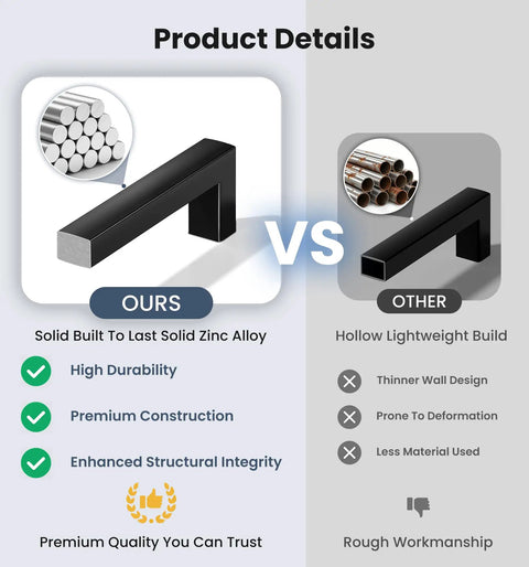 Comparison of solid zinc alloy vs hollow build for 30 Pack 5 Inch Hole Center Kitchen Cabinet Handles Solid Zinc Alloy Square Drawer Pulls Matte Black Heavy Duty Rugged Durable Cabinet Hardware For Kitchen Bath Dresser And Furniture Built To Last And Easy To Install.