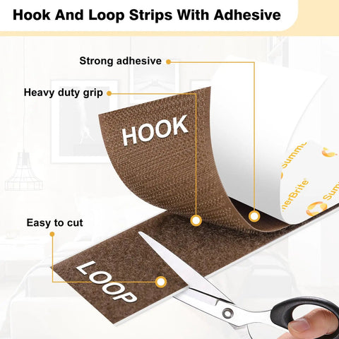 Brown 2 X 5 Inch Heavy Duty Hook And Loop Strips With Sticky Back Adhesive Mounting Tape for easy cutting and strong grip.
