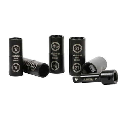 Damaged Lug Nut Flip Socket Set With Half Inch Drive And Three Inch Extension Includes Seventeen Millimeter, Nineteen Millimeter