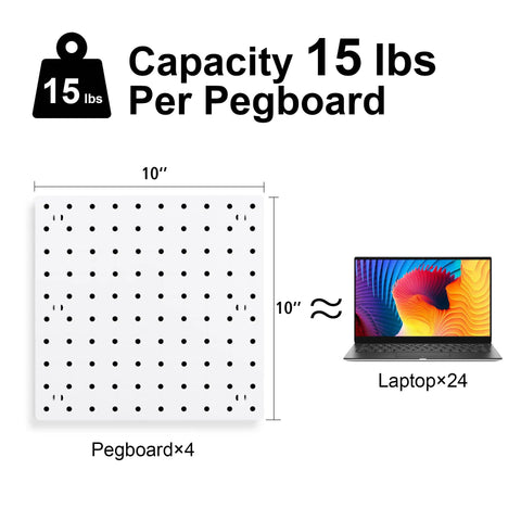 Image of Dope White Pegboard Panels For Wall Organization In Craft Room Kitchen Garage Living Room Bathroom And Study Easy To Install Four Piece Set 10x10 Inch Each With 1/4 Inch Holes Splices To 20x20 Or 10x40 ABS Durable Build, showing 10x10 inch panel and 15 lbs capacity per pegboard.