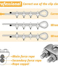 Diagram showing correct and incorrect use of 40 Piece One Eighth Inch Wire Cable Clamps Kit with M3 Rope Clips and Stainless Steel Thimbles