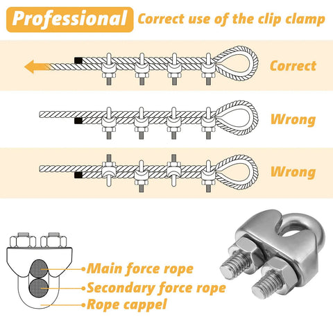 Diagram showing correct and incorrect use of 40 Piece One Eighth Inch Wire Cable Clamps Kit with M3 Rope Clips and Stainless Steel Thimbles