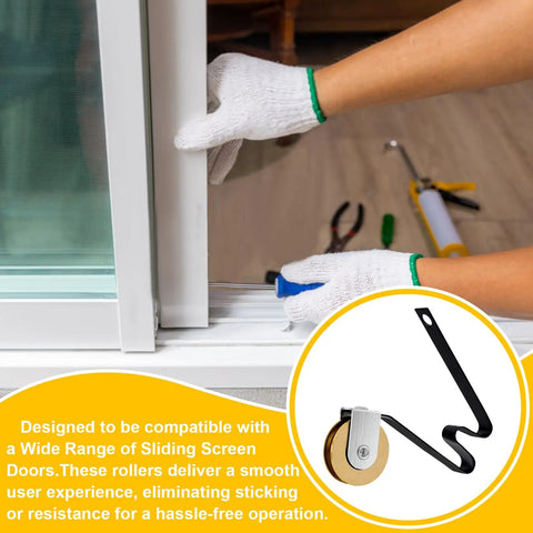 4 Piece Sliding Screen Door Roller Kit With 1 Inch Steel Ball Bearings being installed, showing roller detail next to door track.