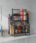 Heavy Duty Rolling Storage Rack And Athletic Gear Cart With Mesh Shelves Iron Frame For Gym Basement Garage Setup holds various sports equipment.