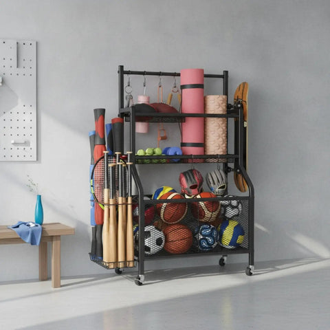 Heavy Duty Rolling Storage Rack And Athletic Gear Cart With Mesh Shelves Iron Frame For Gym Basement Garage Setup holds various sports equipment.