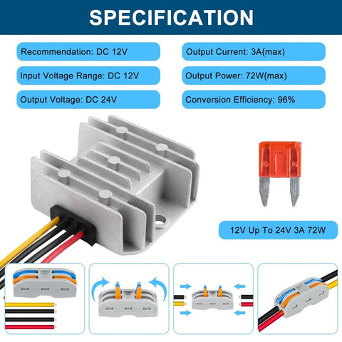 12V To 24V Boost Converter 3A Waterproof Power Module for golf carts, club cars, and recreational vehicles with specifications.