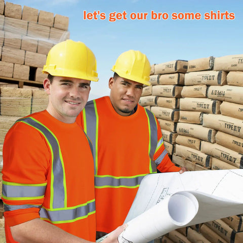 Two men wearing Six Pack Safety Long Sleeve T Shirt With 360 Degree Reflective Strips Class 3 High Visibility Orange on a construction site.