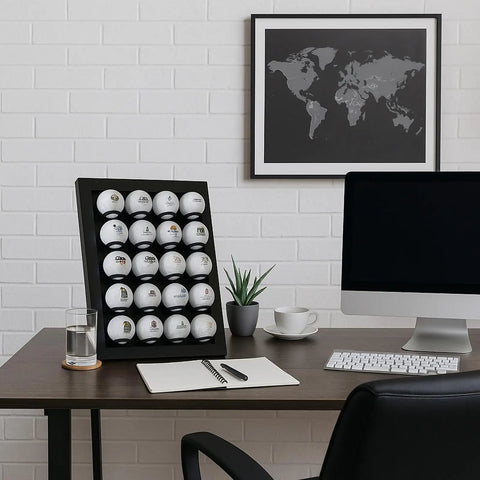 Premium Golf Ball Display Case for Wall Mount or Free Standing Setup Black Wood Frame That Holds Up to 20 Logo Balls on office desk