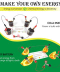 Cool Hands On Electric Science Kit For Kids With 12 Power Missions STEM Lab Includes Electricity And Electronics Experiments Energy Exploration Toy For Boys And Girls Educational Gift For Ages 6 And Up showing cola and fruit battery experiments.