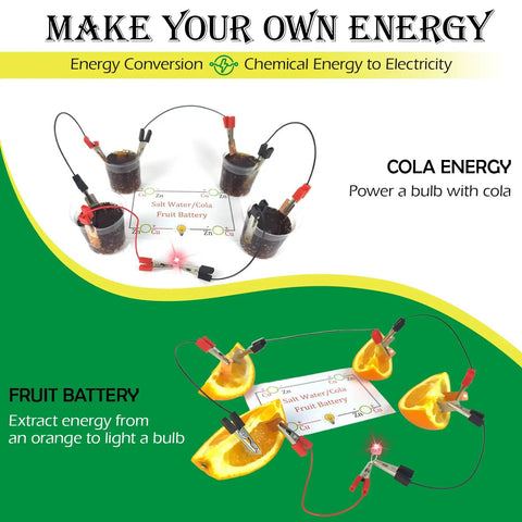 Cool Hands On Electric Science Kit For Kids With 12 Power Missions STEM Lab Includes Electricity And Electronics Experiments Energy Exploration Toy For Boys And Girls Educational Gift For Ages 6 And Up showing cola and fruit battery experiments.