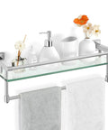 Brushed Nickel 20 Inch Glass Bathroom Shelf With Towel Bar with accessories, mounted over toilet, space-saving design