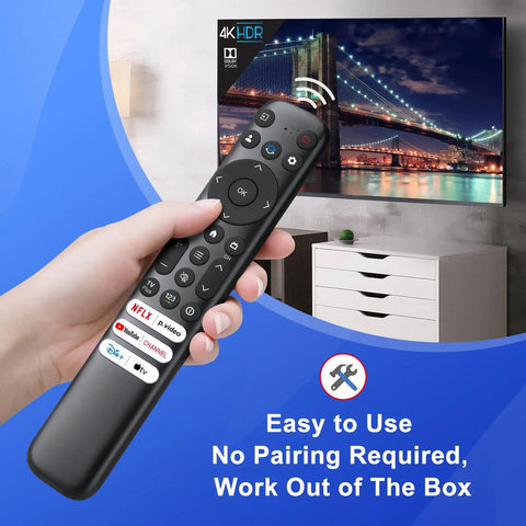 RC813 Replacement Remote for Google TV Easy Drop In Control shown in use, controlling a wall-mounted 4K HDR TV.
