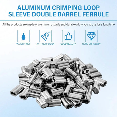 100 Pack 1/16 Inch Aluminum Crimping Sleeves Loops For 1.5mm Wire Rope Ferrules, pile of double barrel sleeves