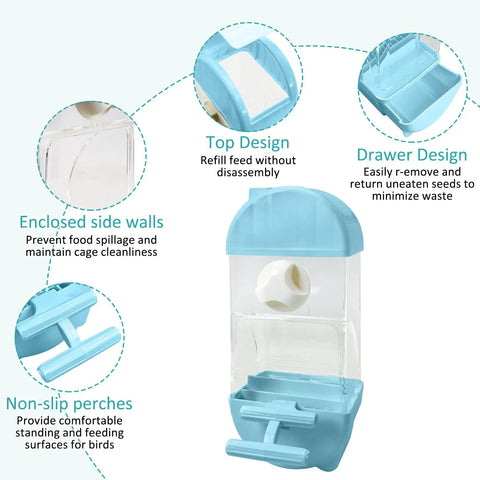 No Sweat Automatic Bird Feeder And Water Dispenser For Cages with enclosed walls and drawer design for easy refilling.