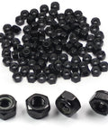 M6 Nylon Insert Lock Nuts Premium Carbon Steel Hex Fasteners For Patio Furniture And DIY Projects Built Tough With No Slip Seal Heavy Duty Hardware Bulk Pack Of 100 Pieces grouped with a few nuts in detail.