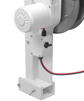 Close-up of Camco Outdoors Line Hauler Electric Winch motor and control switch, showcasing corrosion resistant aluminum frame.