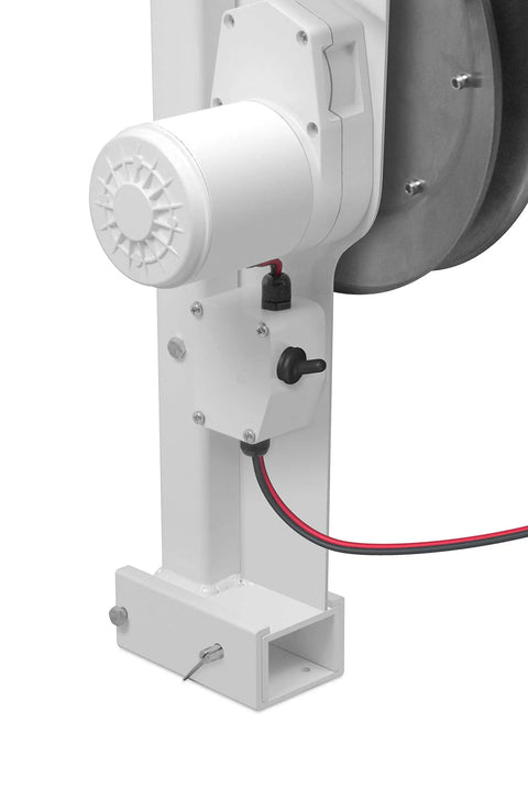 Close-up of Camco Outdoors Line Hauler Electric Winch motor and control switch, showcasing corrosion resistant aluminum frame.