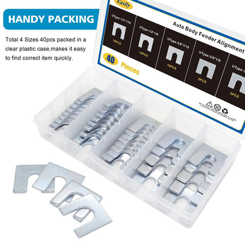 40 Piece Auto Body Fender Alignment Shim Kit Pro Grade Zinc Plated For Rugged Use with organized container and four sizes