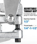 Close-up of pro grade metal hole punch tool set's adjustable throat depth, showing opening capacity and throat adjustment measurements