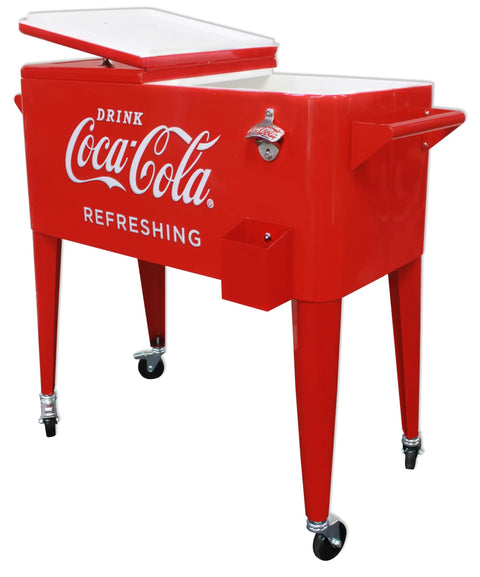 Coca Cola 80 Quart Rolling Cooler With Insulated Liner Holds Over 100 Cans With Ice Four Casters Two Locking Built In Bottle Opener And Cap Catcher Retro Metal Outdoor Patio Party Cooler, side view