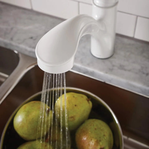 Brecklyn Glacier White One-Handle Single-Hole Kitchen Faucet with Pull-Out Sprayer Power Clean Reflex System in use over sink