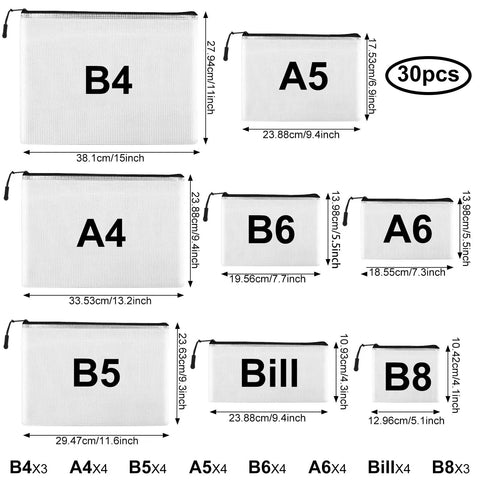 30 Piece Multisize Mesh Zipper Pouch Set For Travel And Home Organization Waterproof Plastic Document Bags In 8 Sizes