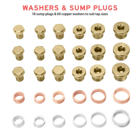 BILITOOLS oil pan drain plug thread repair kit; brass sump plugs and 60 copper washers (M13–M22)