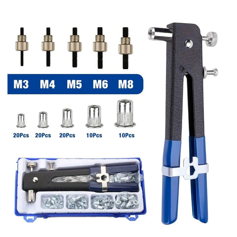 All In One Rivet Nut Tool Kit With 86 Pcs Rivnuts For M3 Through M8, Manual Blind Nut Setter with case and mandrels shown