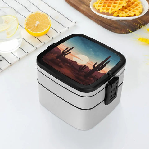 Desert Cactus Themed Bento Box For Adults Grab And Go 2 Tier Portable Lunch Box With Spoon Reusable Insulated Lunch Container