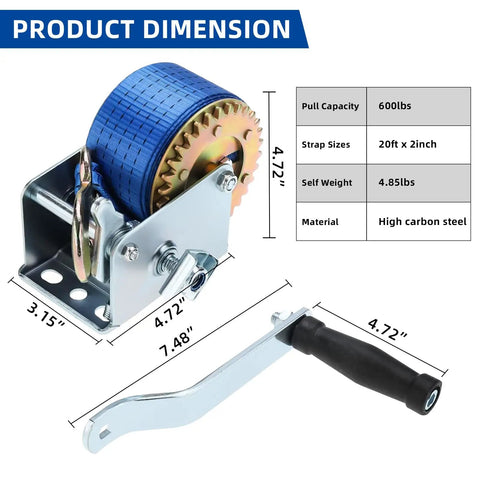 Product dimensions diagram of Beefy Heavy Duty Hand Winch 600 Lbs Gear Winch With 21 Cm Handle Crank 272 Kg Capacity for marine use.