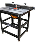 Heavy Duty Cast Iron Router Table Workhorse Package With Triton 3 25 Hp Dual Mode Router and Full Fence Insert Plate featuring Micro Adjustment Stand, compact design.