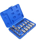 Heavy Duty 29 Piece Torx Socket Bit Set With Star Screwdriver Heads Plus Metric Sockets For Tough Rusted Bolts And Stuck Nuts Easy Grip Professional Grade Tool Kit Case Included blue case open with bits and sockets