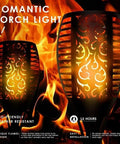 Four Pack Outdoor Solar Torch Lights With Lit Flickering Flame 33 LED Waterproof Tiki Torches For Garden Patio And Pathway Decor Auto On Off Energy Efficient Solar Powered At Dusk And Dawn Weatherproof All Weather Build For Outdoor Use with romantic flame design.