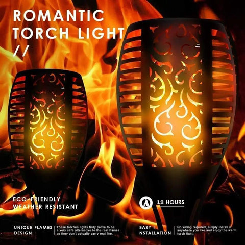 Four Pack Outdoor Solar Torch Lights With Lit Flickering Flame 33 LED Waterproof Tiki Torches For Garden Patio And Pathway Decor Auto On Off Energy Efficient Solar Powered At Dusk And Dawn Weatherproof All Weather Build For Outdoor Use with romantic flame design.