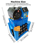 Pro Grade Electric Hydraulic Hose Crimping Machine With 13 Piece Die Set for 0.55 to 2.72 Inch Tubing showing machine dimensions and details.