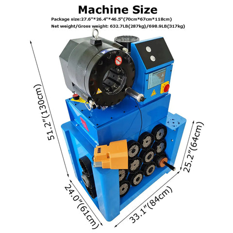Pro Grade Electric Hydraulic Hose Crimping Machine With 13 Piece Die Set for 0.55 to 2.72 Inch Tubing showing machine dimensions and details.