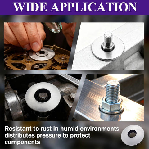 Ranstac #14x1 stainless steel bonded sealing washers with neoprene EPDM; 100 pcs, collage front/side/installed views.