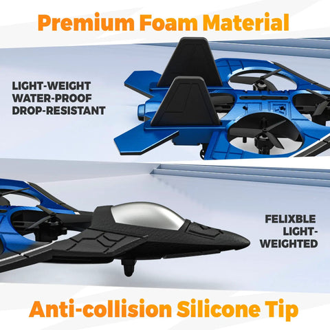 Close-up of Mini RC Plane And Fighter Jet Drone For Adults And Kids, 360 Degree Flip, Headless Mode, featuring foam material and silicone tip.
