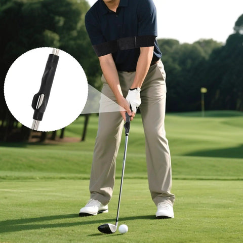 Golfer using 2 Pack Golf Trainer And Swing Correcting Arm Band Kit For Men And Women Golfers Beginners Grip Position Fix And Swing Mechanics Improvement For Consistent Shots Black on the course.