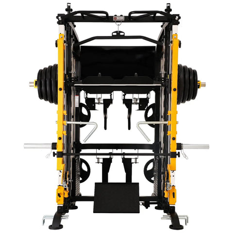 Front view of All In One Home Gym System With Smith Machine And Adjustable Lever Arms 2 To 1 Pulley Ratio Commercial Grade Squat Rack