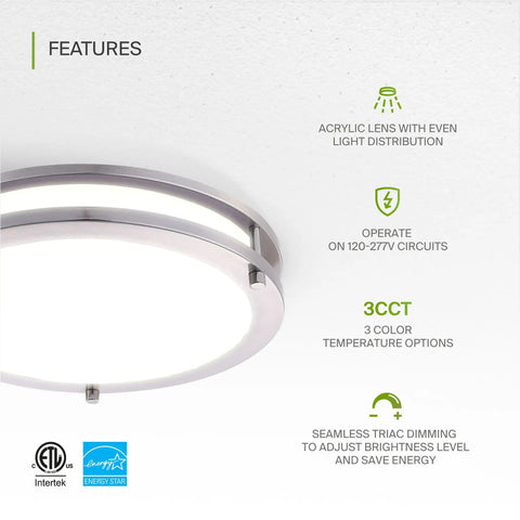 Lit 14 Inch Round Flush Mount Ceiling Light Fixture With 3CCT Dimmable LEDs features and certifications.