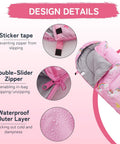Design details of Kids Sleeping Bag For 3 4 Seasons With Compression Sack showing sticker tape, double-slider zipper, waterproof layer.