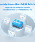 40 Amp MPPT Solar Charge Controller with Bluetooth, surrounded by different battery types, designed for LiFePO4 batteries