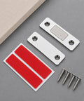Ultra Thin Magnetic Cabinet Latch No Drill 10 Pack With Adhesive And Screws Heavy Duty 10lbs, showing latches, adhesive, screws