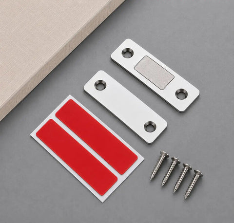 Ultra Thin Magnetic Cabinet Latch No Drill 10 Pack With Adhesive And Screws Heavy Duty 10lbs, showing latches, adhesive, screws